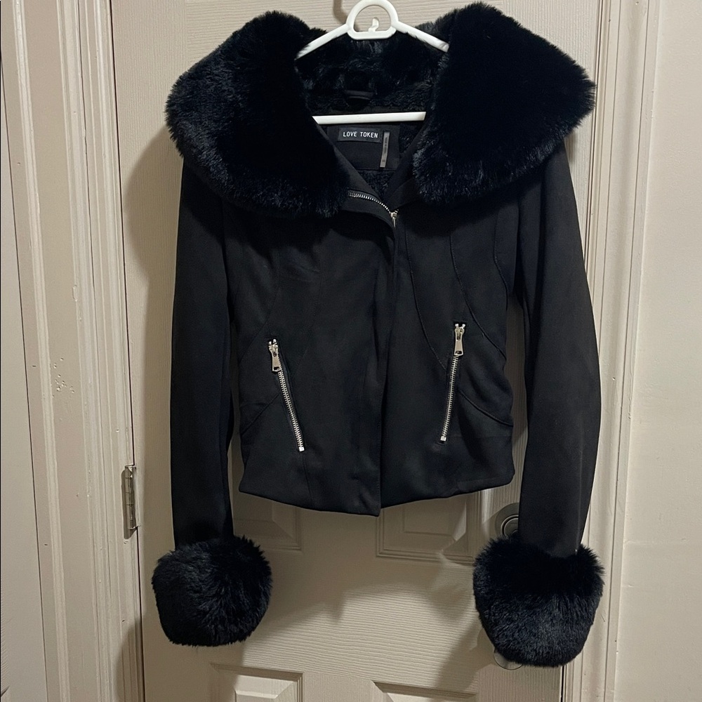 Love Token Black Teddy Jacket with Faux Fur Trim